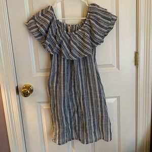 Blue off-shoulder striped sundress
